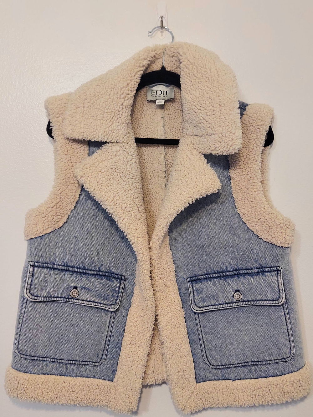 Jason Wu EDIT Sherpa-Lined Vest in Cream and Light Blue Denim Size S